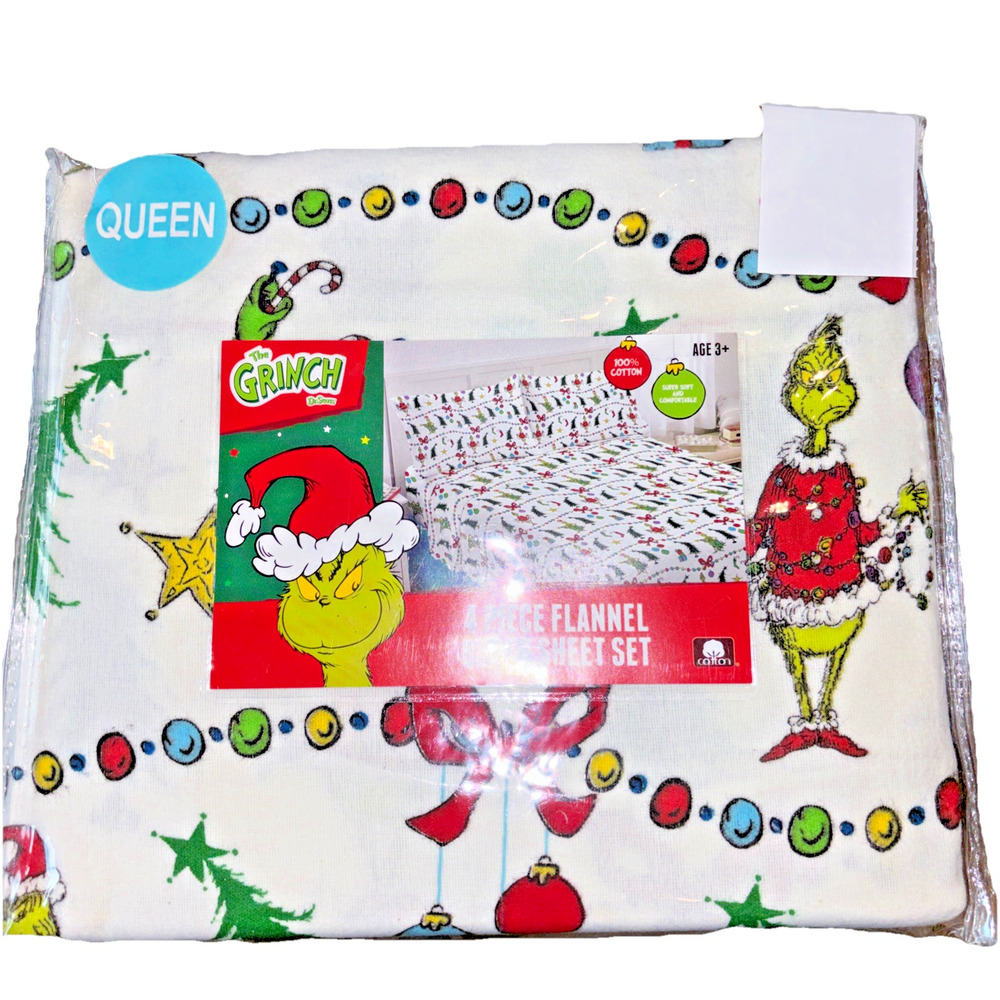 Dr Seuss The Grinch Holiday Cotton Flannel QUEEN Sheet Set Christmas Trees NEW